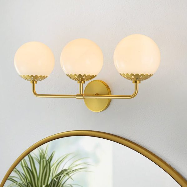 LightFixturesUSA-Brass Daisy 3-Light Opal Glass Globe Vanity Light-Wall Sconce-Brass-