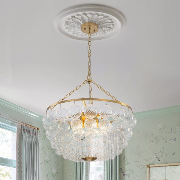 LightFixturesUSA - Brass Draped Ribbed Glass Bubble Round Pendant Chandelier - Chandelier - 6 - Lt -
