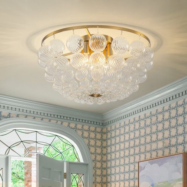 LightFixturesUSA - Brass Draped Ribbed Glass Globe Round Semi Flush Chandelier - Ceiling Light - Brass -