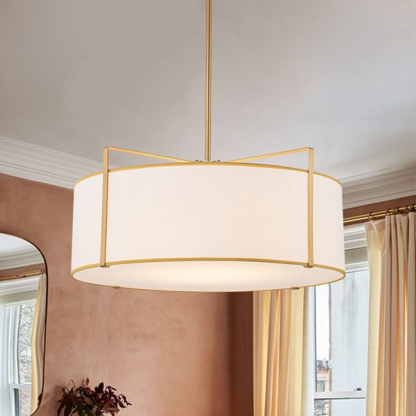 LightFixturesUSA - Brass Large White Fabric Drum Cage Chandelier - Chandelier - 24 in - 