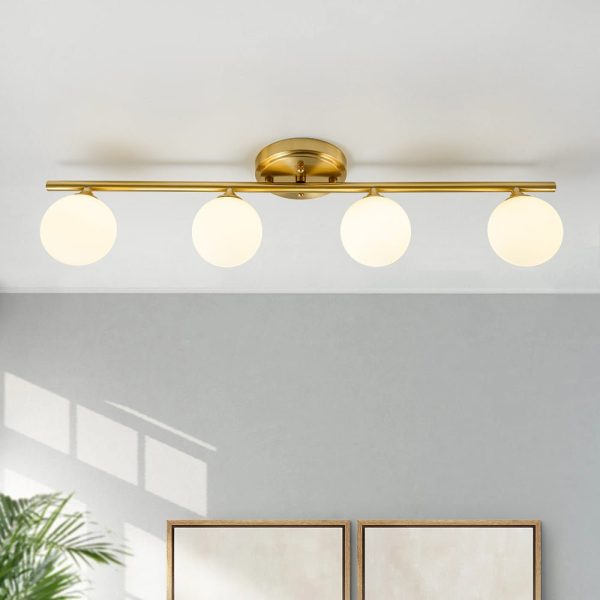 LightFixturesUSA - Brass Linear Opal Glass Globe Semi Flush Mount Vanity Light - Wall Sconce - 4 - Lt -