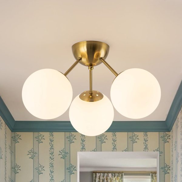 LightFixturesUSA - Brass Mid - Century 3 - Light Glass Globe Semi Flush Mount - Ceiling Light - White -