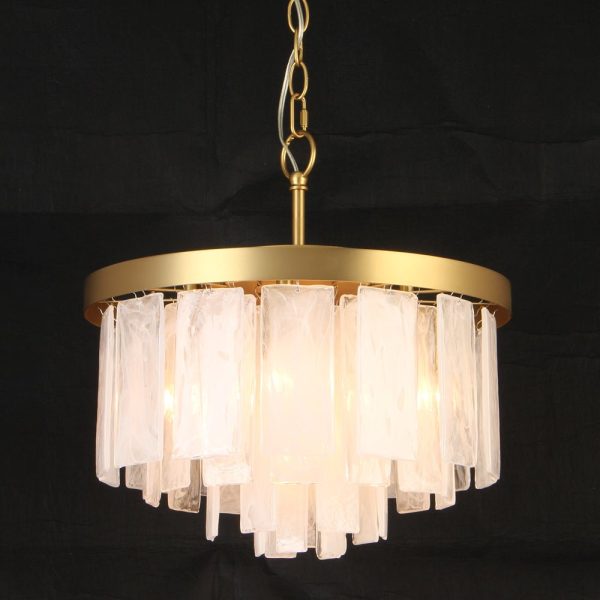 LightFixturesUSA - Brass Round Tiered Opal Swirl Glass Pendant Chandelier - Ceiling Light - Brass - 