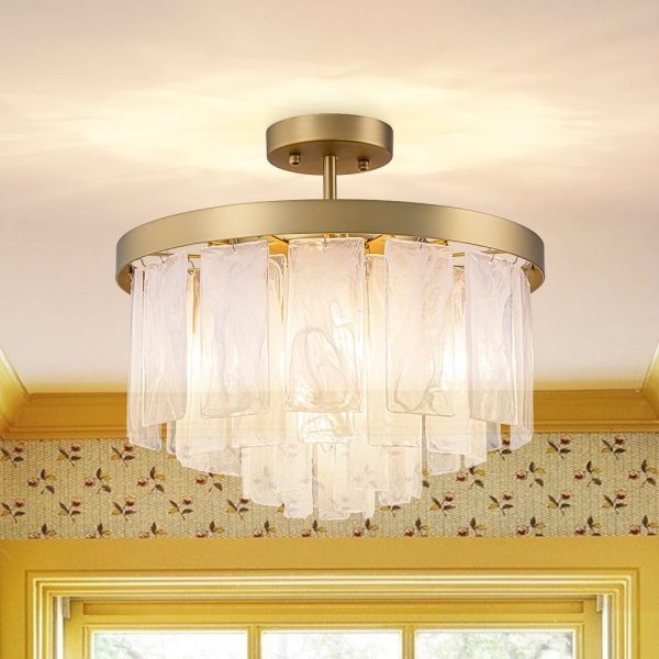 LightFixturesUSA - Brass Round Tiered Opal Swirl Glass Pendant Chandelier - Ceiling Light - Brass - 