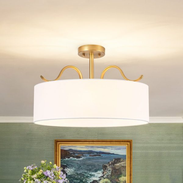 LightFixturesUSA - Brass White Fabric Drum Cage Semi Flush Dual Mount Chandelier - Chandelier - 18.9 in -