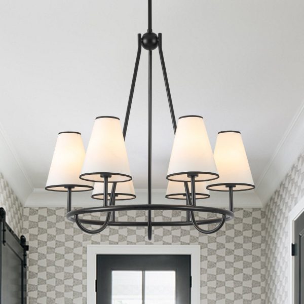 LightFixturesUSA - Classic 6 - Light Fabric Conical Shade Wheel Chandelier - Chandelier - Black -
