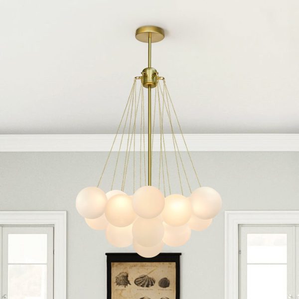 LightFixturesUSA-Cluster Frosted Glass Bubble Chandelier-Chandelier-19 Globes-Brass