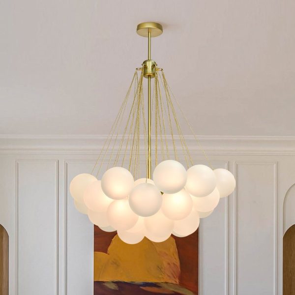 LightFixturesUSA-Cluster Frosted Glass Bubble Chandelier-Chandelier-37 Globes-Brass
