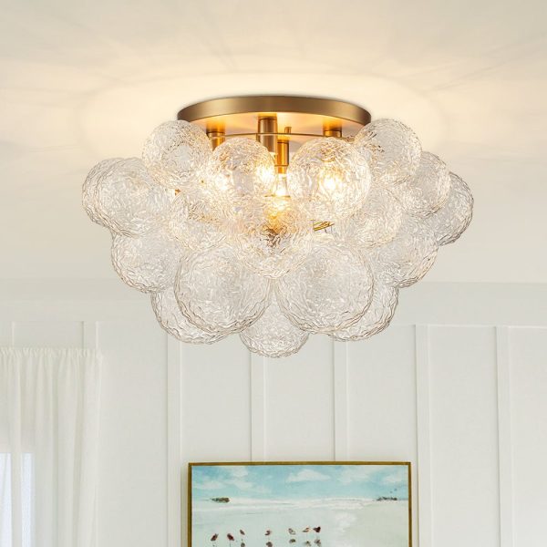 LightFixturesUSA - Cluster Rippled Glass Bubble Round Semi Flush Chandelier - Chandelier - Brass -