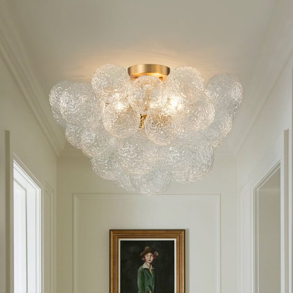 LightFixturesUSA - Cluster Rippled Textured Glass Bubble Semi Flush Chandelier - Chandelier - Brass -