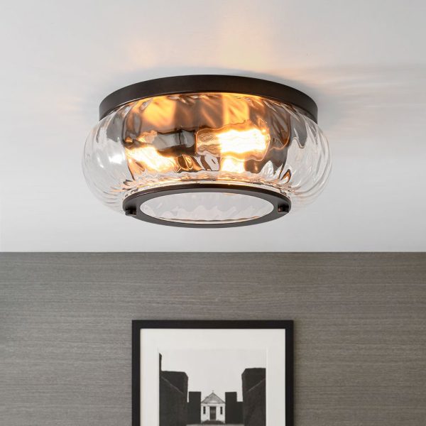 LightFixturesUSA - Contemporary Clear Striped Glass Round Flush Mount Light - Ceiling Light - Oil - Rubbed Bronze - 