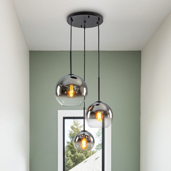 LightFixturesUSA - Contemporary Polished Gradual Glass Globe 3 - Light Pendant - Chandelier - Smoked Glass -