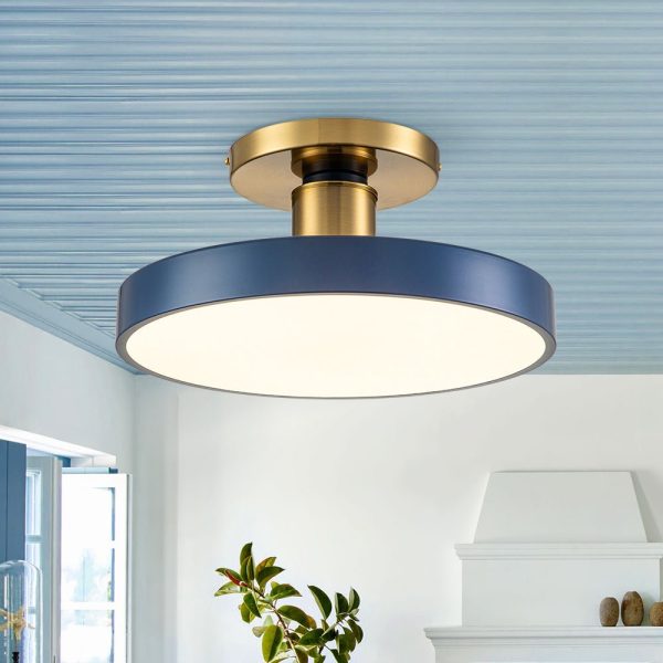 Contemporary Brass Blue Round LED Semi Flush Lighting