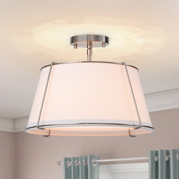 LightFixturesUSA-Contemporary Wide Linen Drum Brass Semi Flush Mount-Ceiling Light-4-Lt-Nickel (Pre-Order)