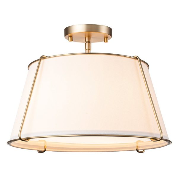 LightFixturesUSA-Contemporary Wide Linen Drum Brass Semi Flush Mount-Ceiling Light-Brass-4-Lt