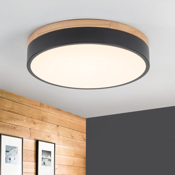 LightFixturesUSA - Contemporary Wood Round Dimmable LED Ceiling Light - Ceiling Light - Black/11.8in (Pre - Order) -