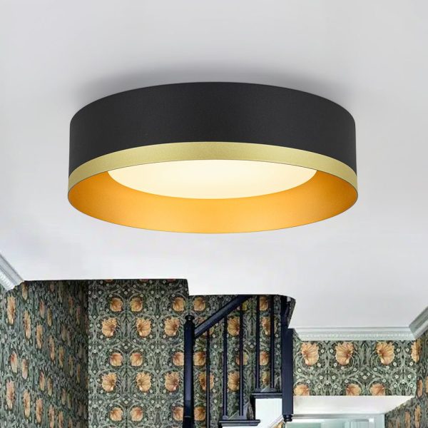 LightFixturesUSA - Dimmable LED Black Gold Iron Milky Glass Drum Flush Mount - Ceiling Light - 13.8 in - 