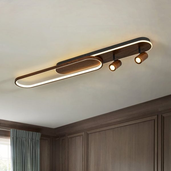 LightFixturesUSA - Dimmable LED Wood Linear Oval Semi Flush Adjustable Spotlight - Ceiling Light - Walnut + 2 Spotlights - 
