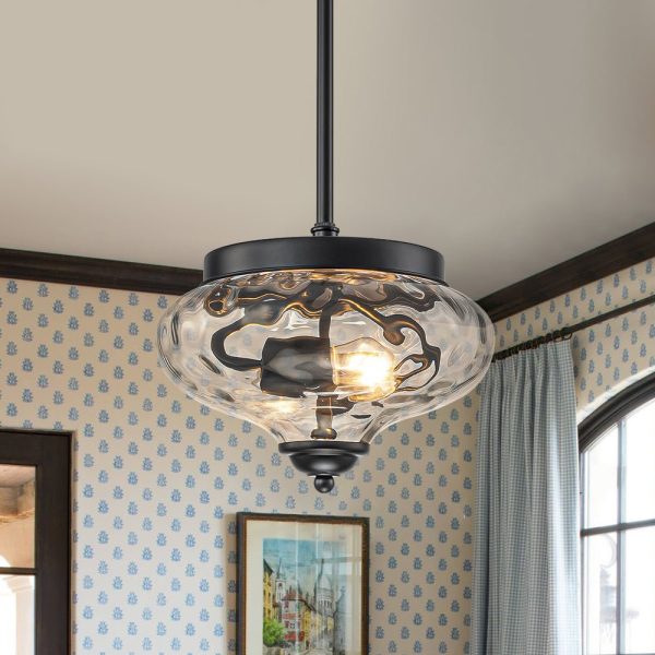 LightFixturesUSA - Farmhouse 2 - light Round Hammered Glass Pendant Light - Pendant Light - Black (Exclusive Offer) - 
