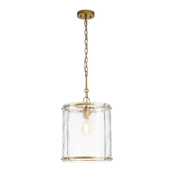 LightFixturesUSA - Farmhouse Clear Textured Glass Cylinder Cage Pendant - Pendant Light - Brass -