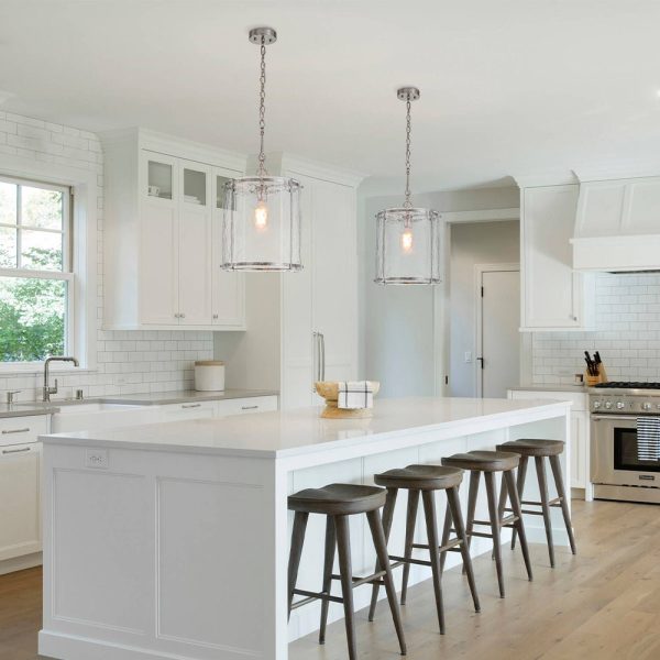LightFixturesUSA - Farmhouse Clear Textured Glass Cylinder Cage Pendant - Pendant Light - Brass (Pre - Order) -