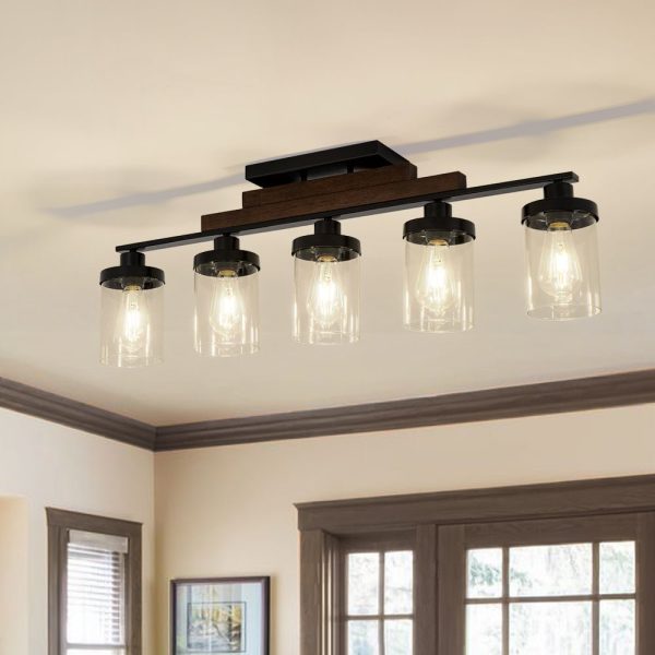 LightFixturesUSA - Farmhouse Linear Glass Wooden Kitchen Island Ceiling Light - Chandelier - 5 - Lt - 