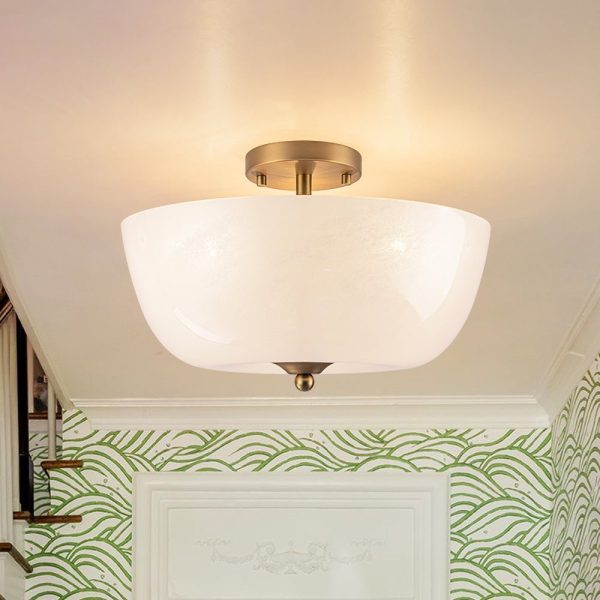 LightFixturesUSA - French 3 - Light White Clouded Glass Round Semi Flush Mount - Ceiling Light - Brass - 