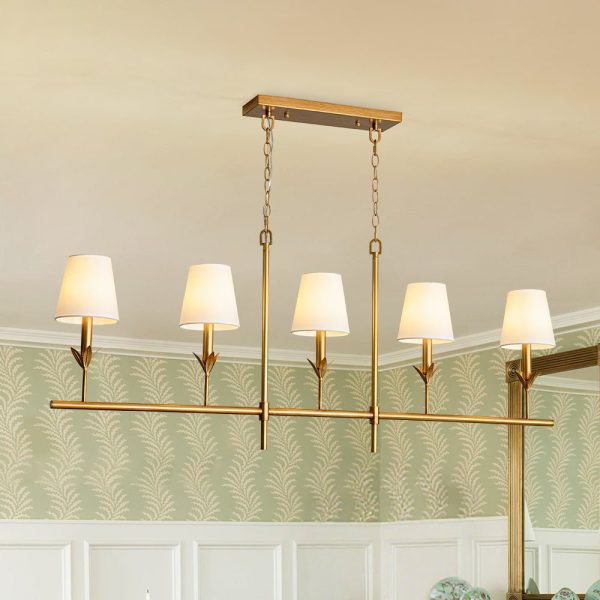 LightFixturesUSA - French Country 5 - Light Fabric Shade Candle Linear Island Chandelier - Chandelier - Brass -