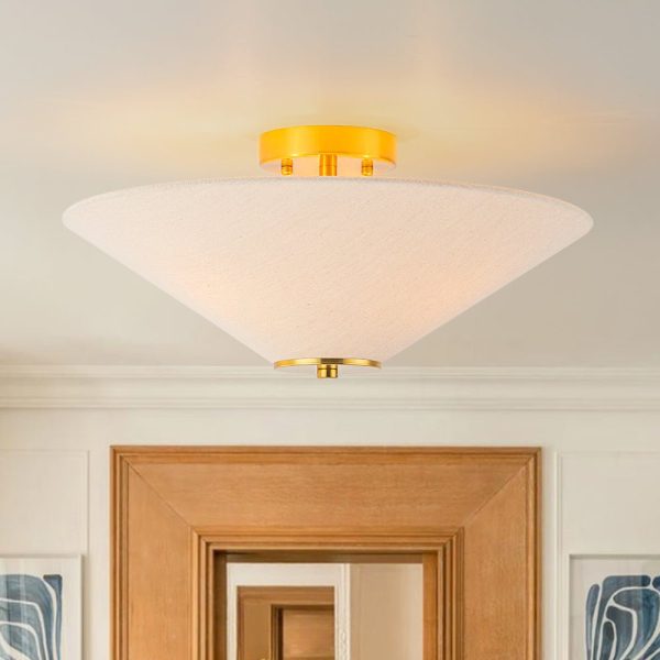 LightFixturesUSA - French Country Ivory Linen Conical Cage Semi Flush Mount - Ceiling Light - 17.7 in -