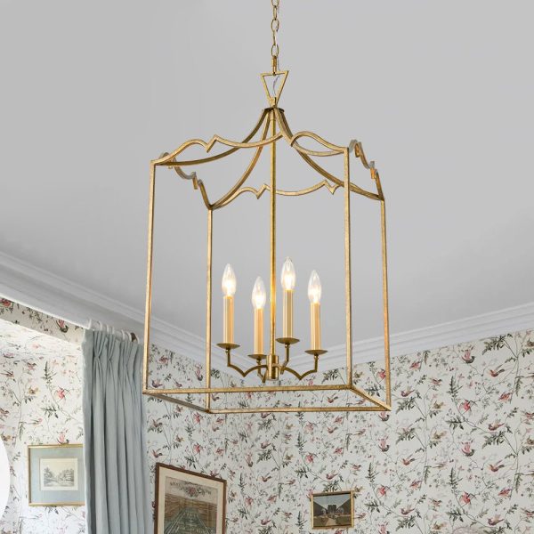 LightFixturesUSA - French Distressed Gold Candle Square Lantern Chandelier - Chandelier - 17.3 in -