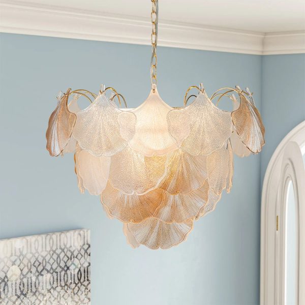 LightFixturesUSA-French Gold Layered Ginkgo Leaf Textured Glass Chandelier-Chandelier-Gold-