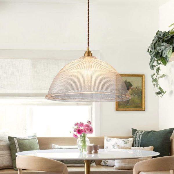 LightFixturesUSA - French Retro 1 - Light Clear Ribbed Glass Dome Pendant - Pendant Light - 15 in (Pre - Order & 2 - 3 Weeks) -