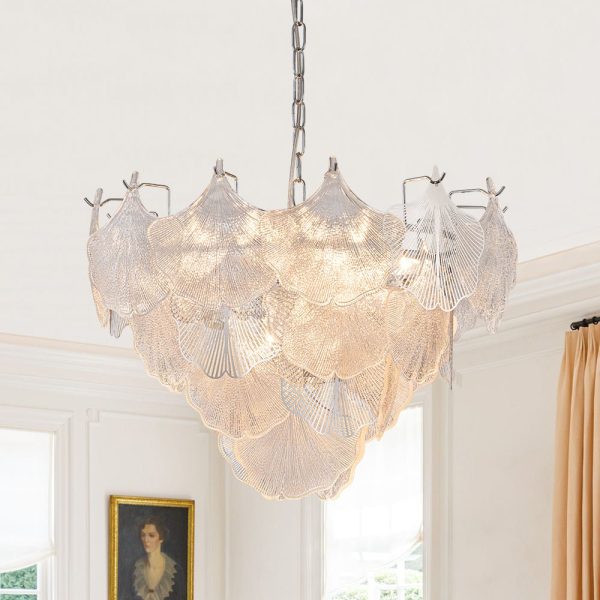 LightFixturesUSA-French Tiered Ginkgo Leaf Textured Glass Round Chandelier-Chandelier-Chrome-