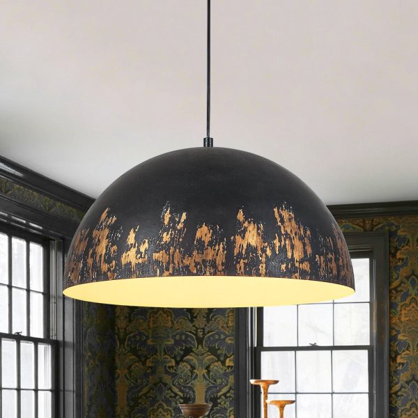 LightFixturesUSA - French Vintage Weathered Gilded Oversized Iron Dome Pendant - Pendant Light - Black Gilding -