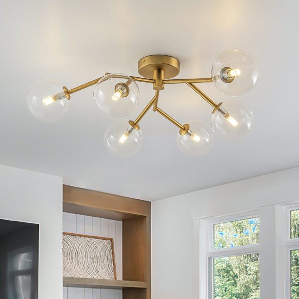 LightFixturesUSA - Funky Branch Style 6 - Light Clear Glass Bubble Semi Flush Mount - Ceiling Light - Brass -