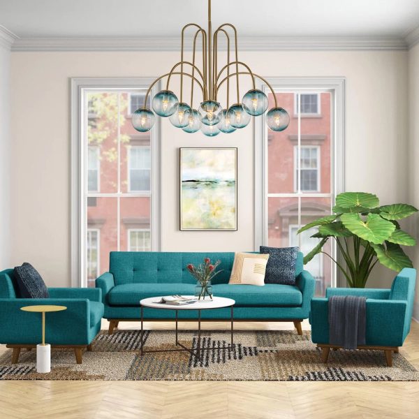 LightFixturesUSA-Glam 10-Light Blue Glass Globe Bubble Chandelier-Chandelier-Brass-