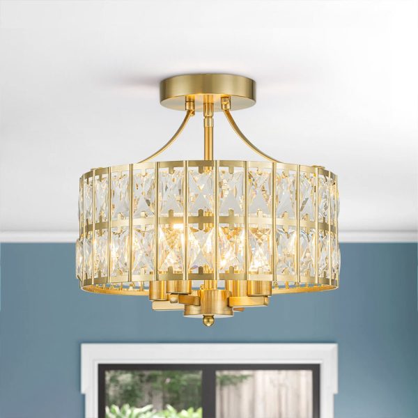 LightFixturesUSA - Glam 4 - Light Drum Crystal Ceiling Light - Ceiling Light - Brass -