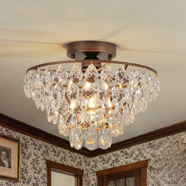 LightFixturesUSA - Glam Faceted Crystal Round Tiered Semi Flush Mount Light - Ceiling Light - Oil - Rubbed Bronze - 