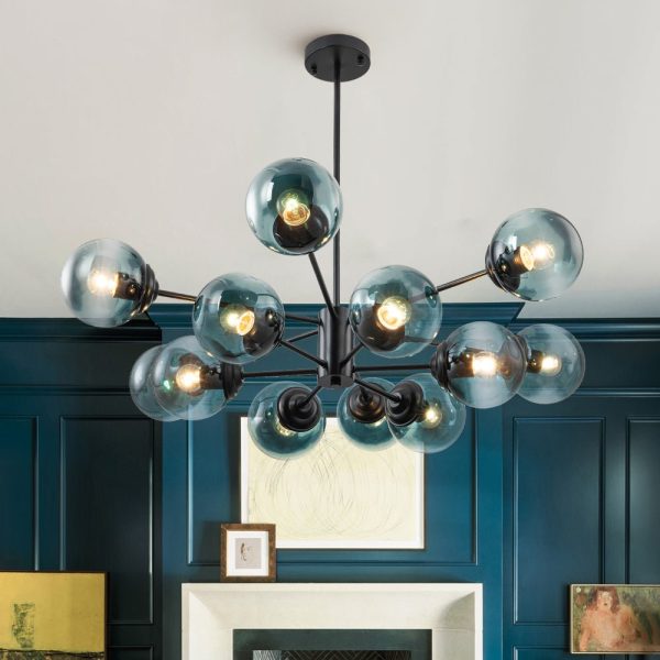 LightFixturesUSA - Glam Tiered Blue Glass Globe Bubble Sputnik Chandelier - Chandelier - Black -