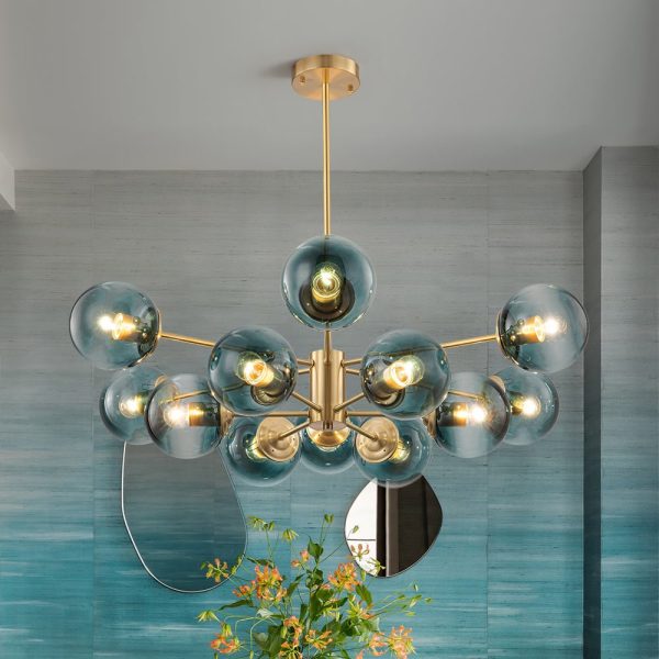 LightFixturesUSA - Glam Tiered Blue Glass Globe Bubble Sputnik Chandelier - Chandelier - Brass - 