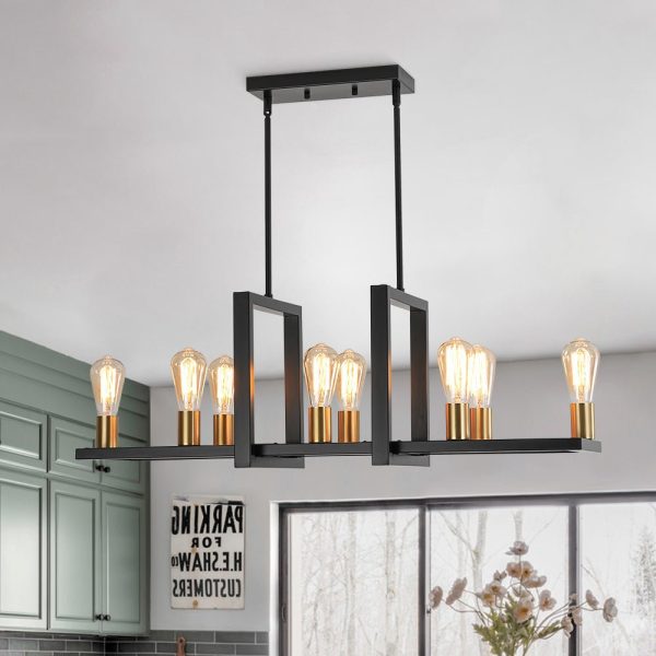 LightFixturesUSA - Industrial 8 - Light Rectangular Kitchen Island Chandelier - Chandelier - Black + Brass - 