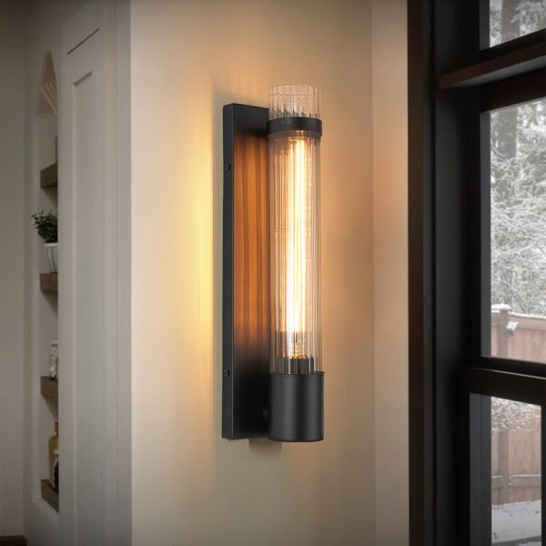 LightFixturesUSA - Industrial Black Reeded Glass Linear Tube Wall Light - Wall Sconce - 1 Pack - 