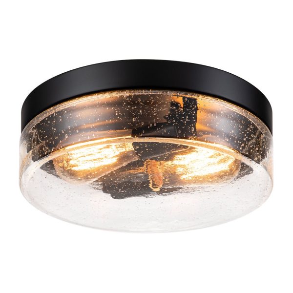 LightFixturesUSA - Industrial Black Round Seeded Glass Flush Mount Light - Ceiling Light - Black - 