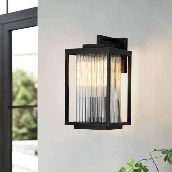 LightFixturesUSA - IP23 1 - Light Black Ribbed Glass Outdoor Wall Lantern - Wall Sconce - 1 Pack - 8 in