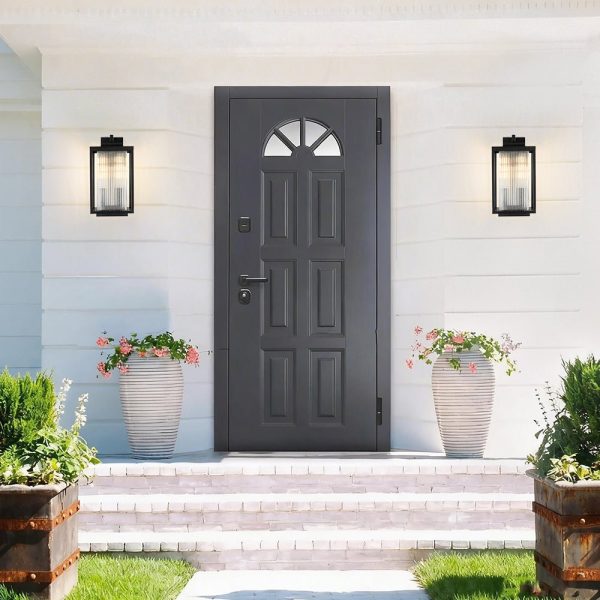 LightFixturesUSA - IP23 1 - Light Black Ribbed Glass Outdoor Wall Lantern - Wall Sconce - 2 Packs - 8 in