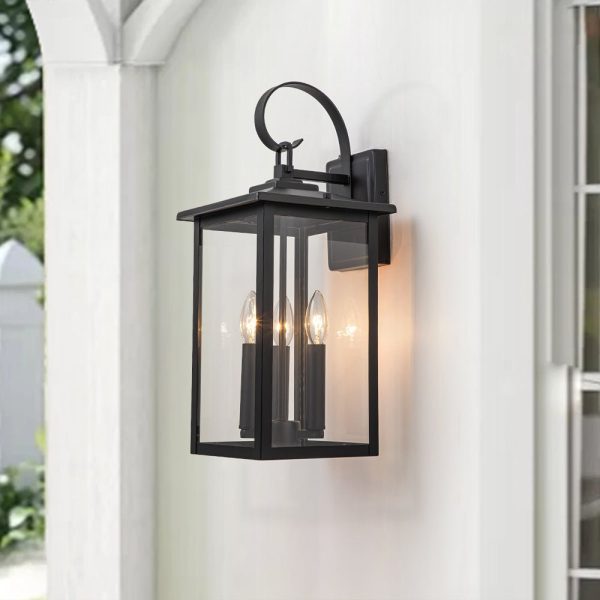 LightFixturesUSA-IP23 Matte Black Farmhouse 3-Light Lantern Outdoor Wall Light-Wall Sconce-1-Lt-Matte Black