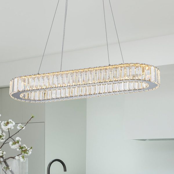 LightFixturesUSA - Luxe Chrome Crystal Dimmable LED Oval Halo Island Pendant - Chandelier - Chrome - 