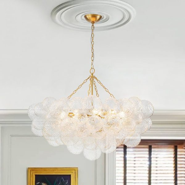 LightFixturesUSA - Luxe Large Cluster Rippled Glass Globe Round Bubble Chandelier - Chandelier - Brass -