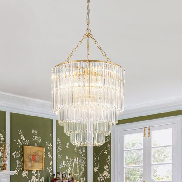 LightFixturesUSA - Luxury Cluster Glass Textured Tube Round Tiered Chandelier - Chandelier - Brass - 