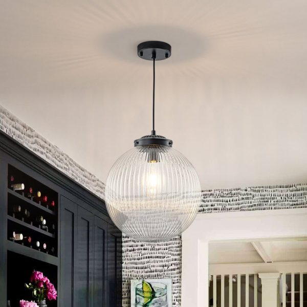 LightFixturesUSA - Mid - Century 1 - Light Clear Ribbed Glass Globe Pendant - Pendant Light - Black -